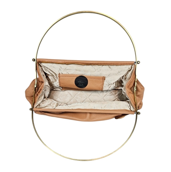 Vintage 70s Weber's Peach Leather Large Baguette Gold Metal Handle Women's Purse - Picture 10 of 13